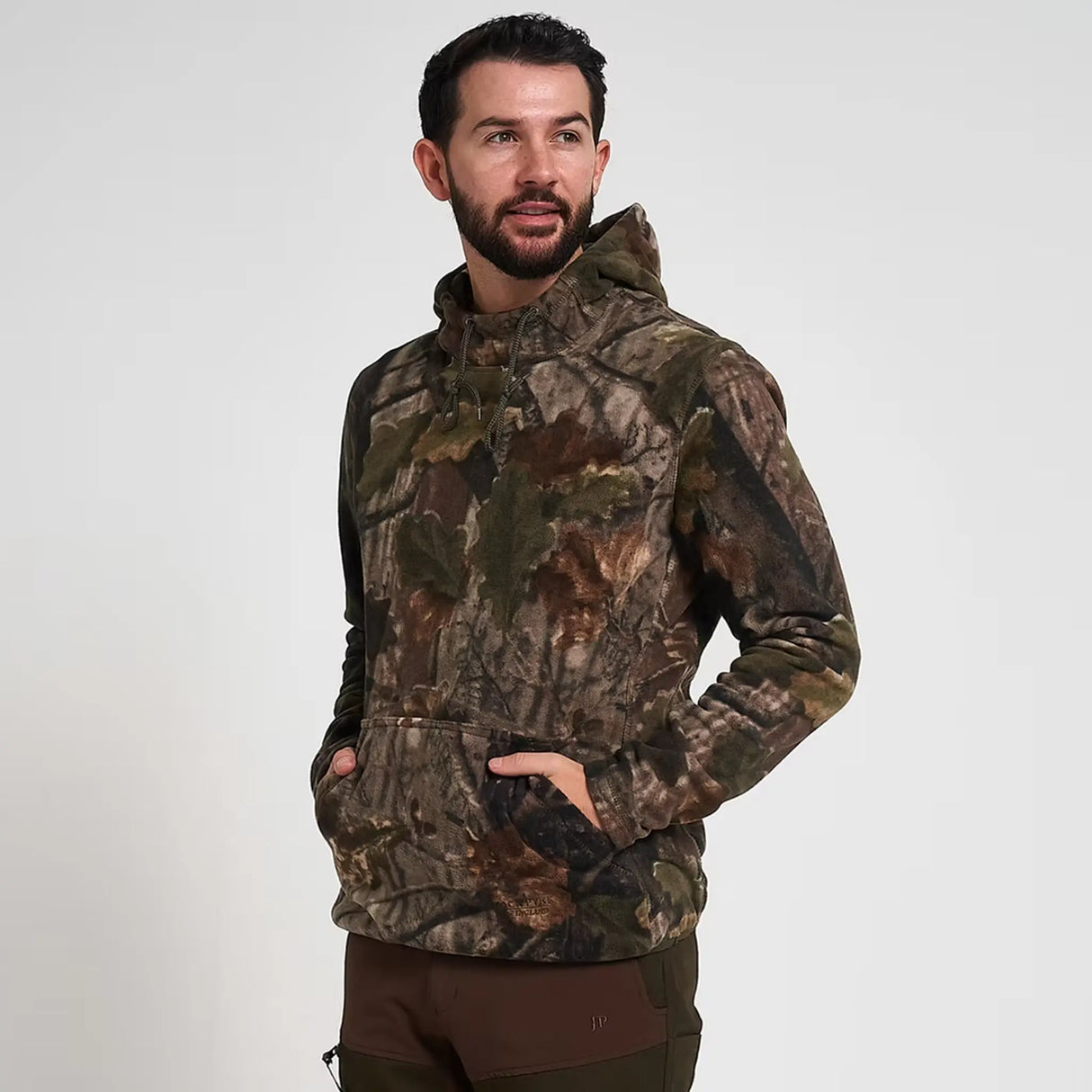 Jack Pyke Fieldman Fleece Hoodie in English Oak Evo Camo from the front right on white background