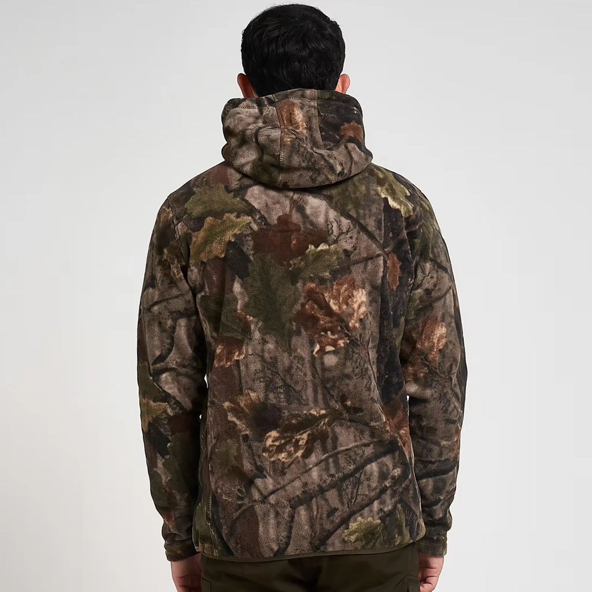 Jack Pyke Fieldman Fleece Hoodie in English Oak Evo Camo from the back on white background
