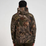 Jack Pyke Fieldman Fleece Hoodie in English Oak Evo Camo from the back on white background