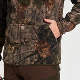 Jack Pyke Fieldman Fleece Hoodie in English Oak Evo Camo close up of kangaroo pocket