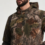 Jack Pyke Fieldman Fleece Hoodie in English Oak Evo Camo close up of chest with drawcords