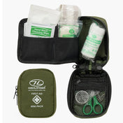 Highlander Mini Military First Aid Kit - closed pouch and open contents view showing bandage, wipes, scissors and safety pins