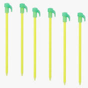 Highlander Fluorescent Tent Pegs 20cm - six pegs in a row with yellow fibreglass shafts and green glow-in-the-dark hook caps