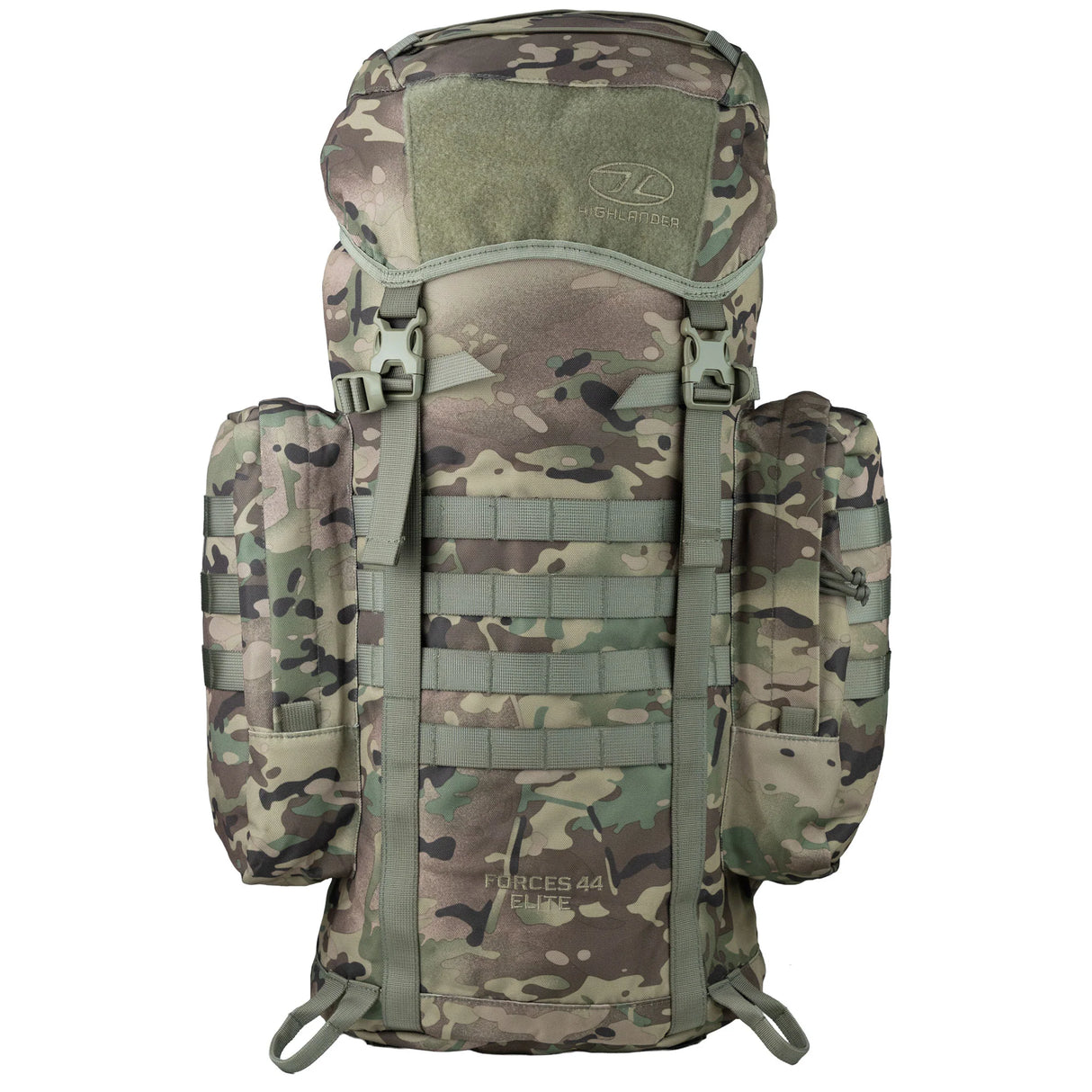 Highlander Forces Elite 44 Rucksack with 44L capacity in HMTC Camo from the front on white background