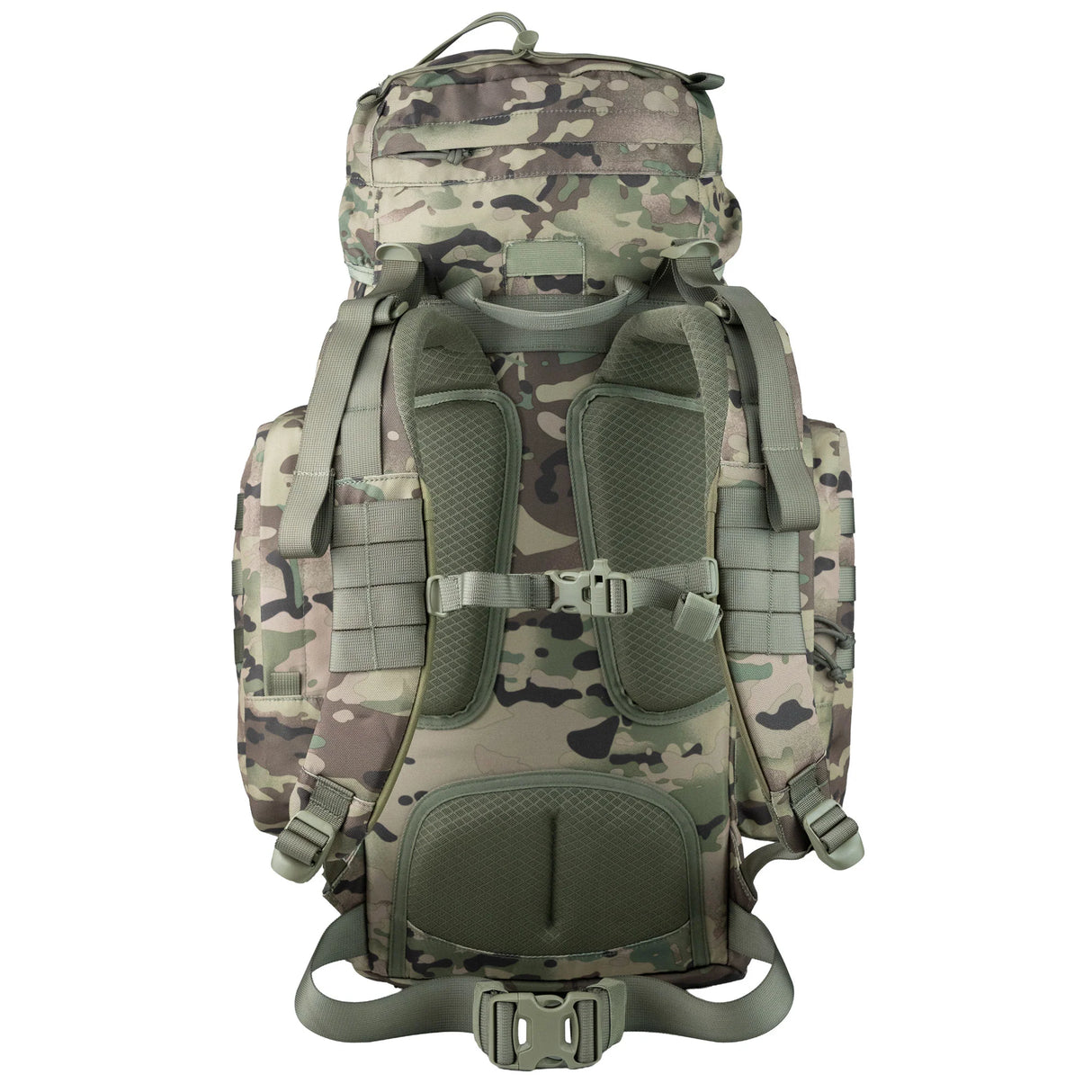 Highlander Forces Elite 44 Rucksack with 44L capacity in HMTC Camo from the rear on white background