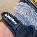 Ironclad Framer Gloves - back of hand view showing Framer branding on cuff and breathable stretch material