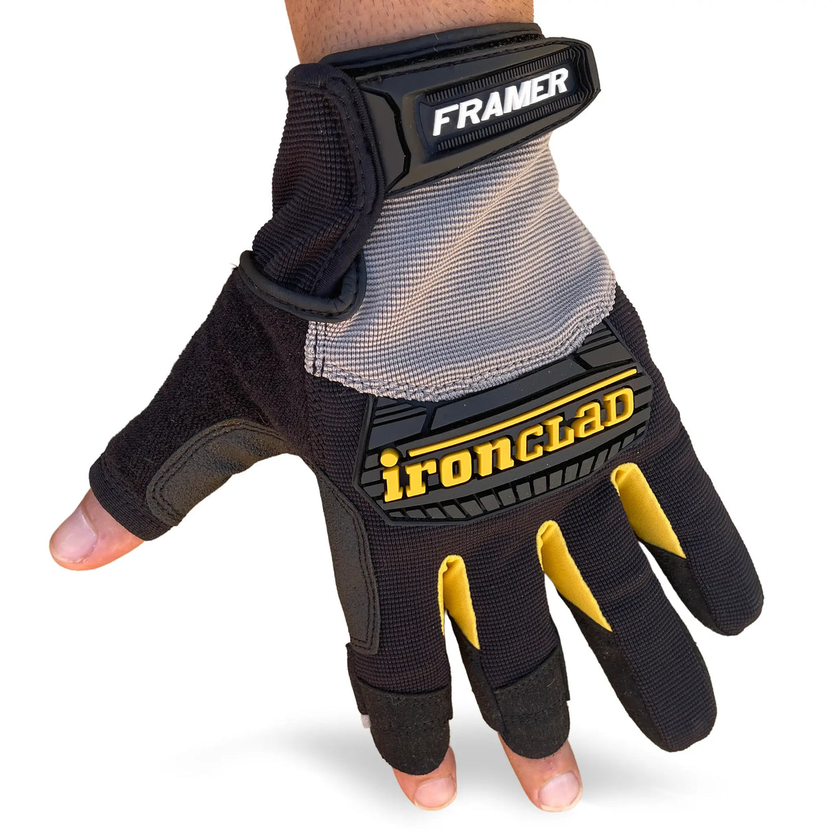 Ironclad Framer Gloves - back of hand view showing FRAMER branding and TPR knuckle protection on white background