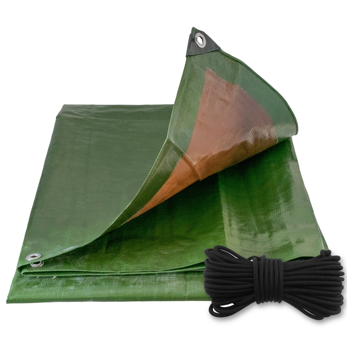Green/Brown L-Grade Tarpaulin with 10m of 6mm Bungee Rope with a coil of black bungee rope
