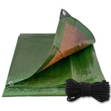 Green/Brown L-Grade Tarpaulin with 10m of 6mm Bungee Rope with a coil of black bungee rope