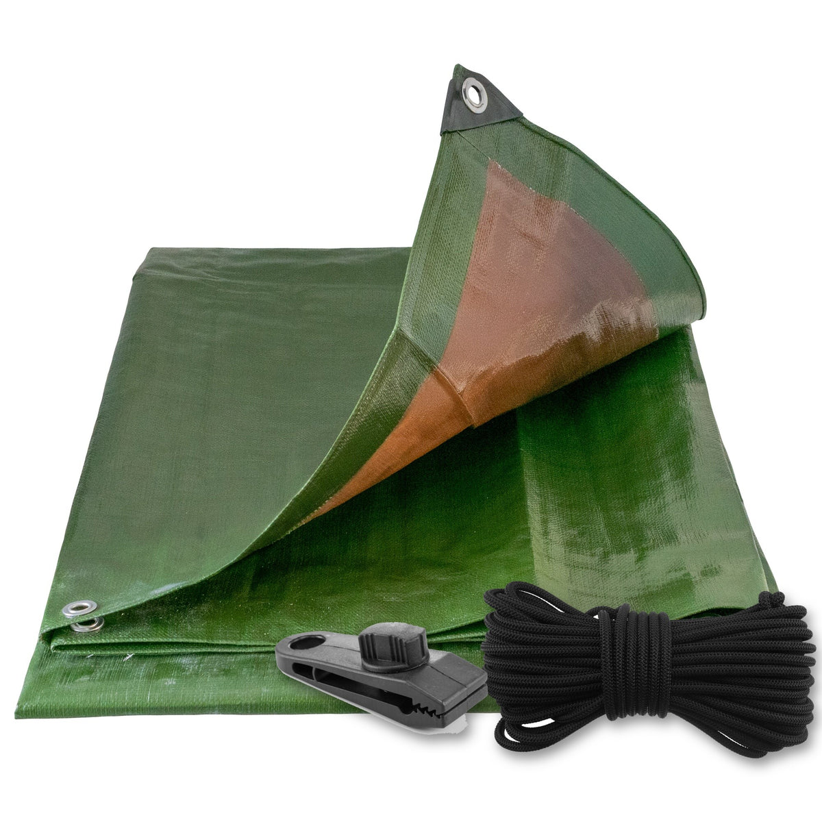 Green/Brown L-Grade Tarpaulin with 10m of 6mm Bungee Rope and 10 x Screw Type Tarp Clips with a coil of bungee rope and a screw-type tarp clip