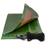 Green/Brown L-Grade Tarpaulin with 10m of 6mm Bungee Rope and 10 x Screw Type Tarp Clips with a coil of bungee rope and a screw-type tarp clip