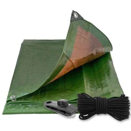 Green/Brown L-Grade Tarpaulin with 10m of 6mm Bungee Rope and 10 x Screw Type Tarp Clips with a coil of bungee rope and a screw-type tarp clip