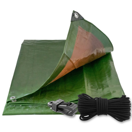 Green/Brown L-Grade Tarpaulin with 10m of 6mm Bungee Rope and 10 x Slide Type Tarp Clips with a coil of bungee rope and a slide-type tarp clip