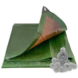 Green/Brown L-Grade Tarpaulin with 20 x 4" Bungee Balls (White) with a bundle of white bungee balls
