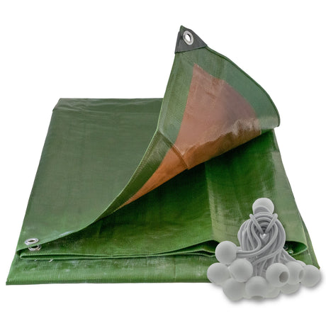 Green/Brown L-Grade Tarpaulin with 20 x 4" Bungee Balls (White) with a bundle of white bungee balls