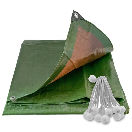 Green/Brown L-Grade Tarpaulin with 20 x 6" Bungee Balls (White) with a bundle of white bungee balls