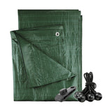 Green M-Grade Tarpaulin with 10 x 6" Bungee Balls (Black) and 10 x Screw Type Tarp Clips with black bungee balls and a screw-type tarp clip