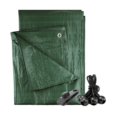 Green M-Grade Tarpaulin with 10 x 6" Bungee Balls (Black) and 10 x Screw Type Tarp Clips with black bungee balls and a screw-type tarp clip