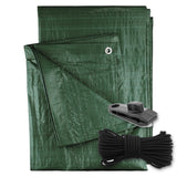 Green M-Grade Tarpaulin with 10m of 6mm Bungee Rope and 10 x Screw Type Tarp Clips with a coil of bungee rope and a screw-type tarp clip