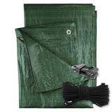 Green M-Grade Tarpaulin with 10m of 6mm Bungee Rope and 10 x Slide Type Tarp Clips with a coil of bungee rope and a slide-type tarp clip