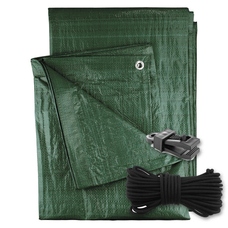 Green M-Grade Tarpaulin with 10m of 6mm Bungee Rope and 10 x Slide Type Tarp Clips with a coil of bungee rope and a slide-type tarp clip