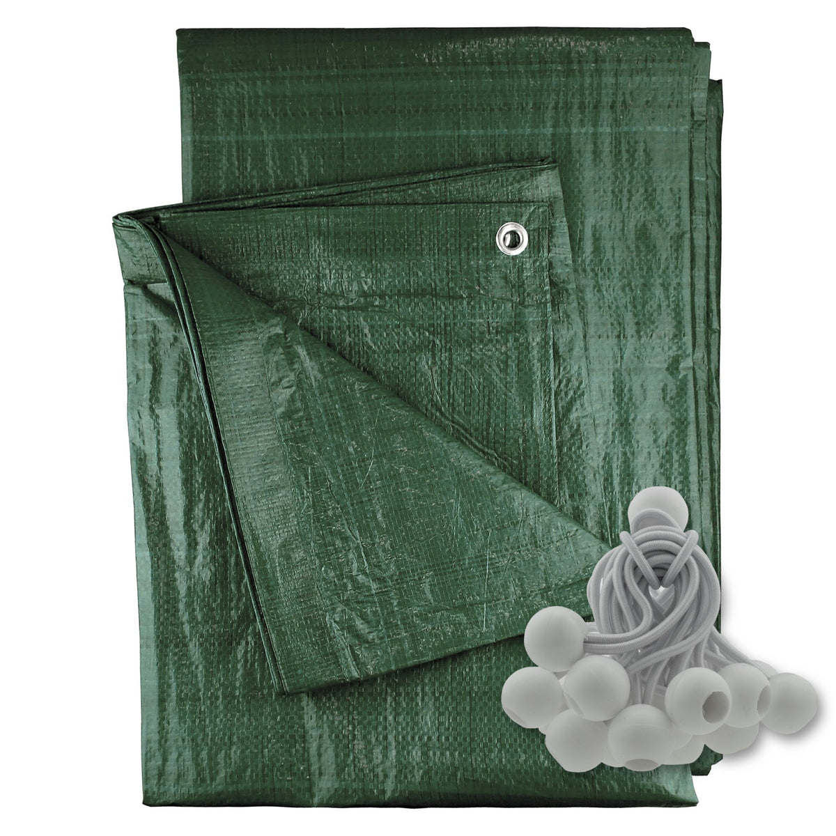 Green M-Grade Tarpaulin with 20 x 4" Bungee Balls (White) with a bundle of white bungee balls