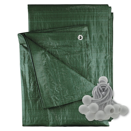Green M-Grade Tarpaulin with 20 x 4" Bungee Balls (White) with a bundle of white bungee balls