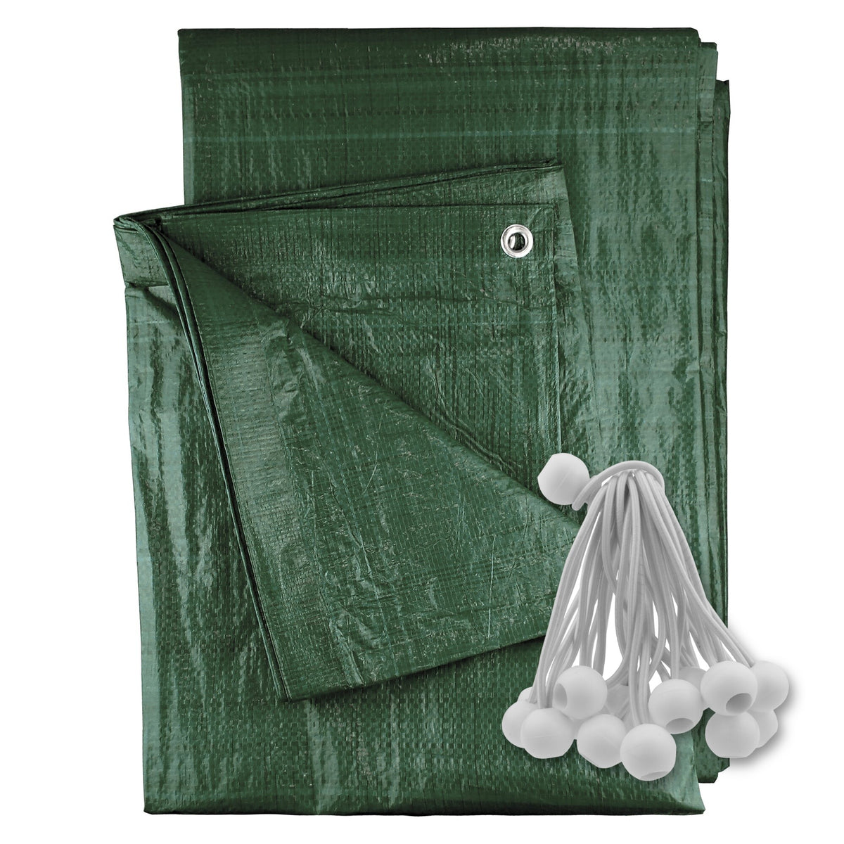 Green M-Grade Tarpaulin with 20 x 6" Bungee Balls (White) with a bundle of white bungee balls