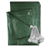 Green M-Grade Tarpaulin with 20 x 6" Bungee Balls (White) with a bundle of white bungee balls