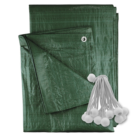 Green M-Grade Tarpaulin with 20 x 6" Bungee Balls (White) with a bundle of white bungee balls