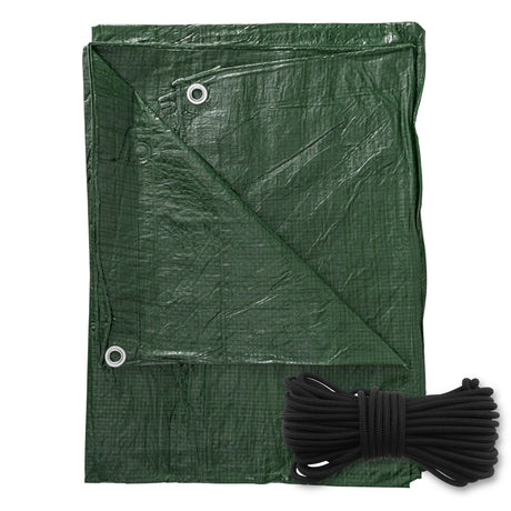 Green S-Grade Tarpaulin with 10m of 6mm Bungee Rope folded with a coil of black bungee rope