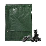 Green S-Grade Tarpaulin with 10 x 6" Bungee Balls (Black) and 10 x Screw Type Tarp Clips folded with black bungee balls and a screw-type tarp clip