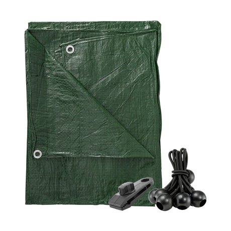 Green S-Grade Tarpaulin with 10 x 6" Bungee Balls (Black) and 10 x Screw Type Tarp Clips folded with black bungee balls and a screw-type tarp clip
