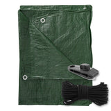 Green S-Grade Tarpaulin with 10m of 6mm Bungee Rope and 10 x Screw Type Tarp Clips folded with a coil of bungee rope and a screw-type tarp clip
