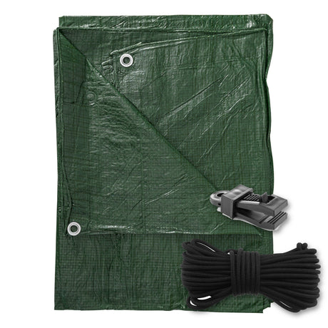 Green S-Grade Tarpaulin with 10m of 6mm Bungee Rope and 10 x Slide Type Tarp Clips folded with a coil of bungee rope and a slide-type tarp clip