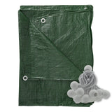 Green S-Grade Tarpaulin with 20 x 4" Bungee Balls (White) folded with a bundle of white bungee balls