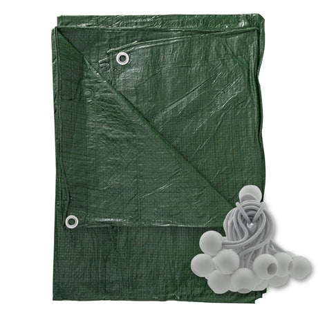 Green S-Grade Tarpaulin with 20 x 4" Bungee Balls (White) folded with a bundle of white bungee balls