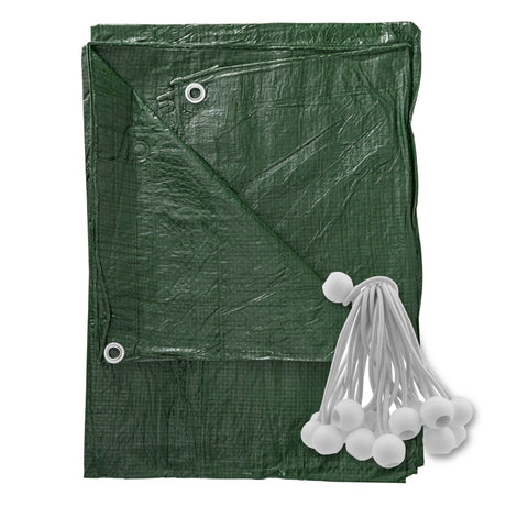Green S-Grade Tarpaulin with 20 x 6" Bungee Balls (White) folded with a bundle of white bungee balls