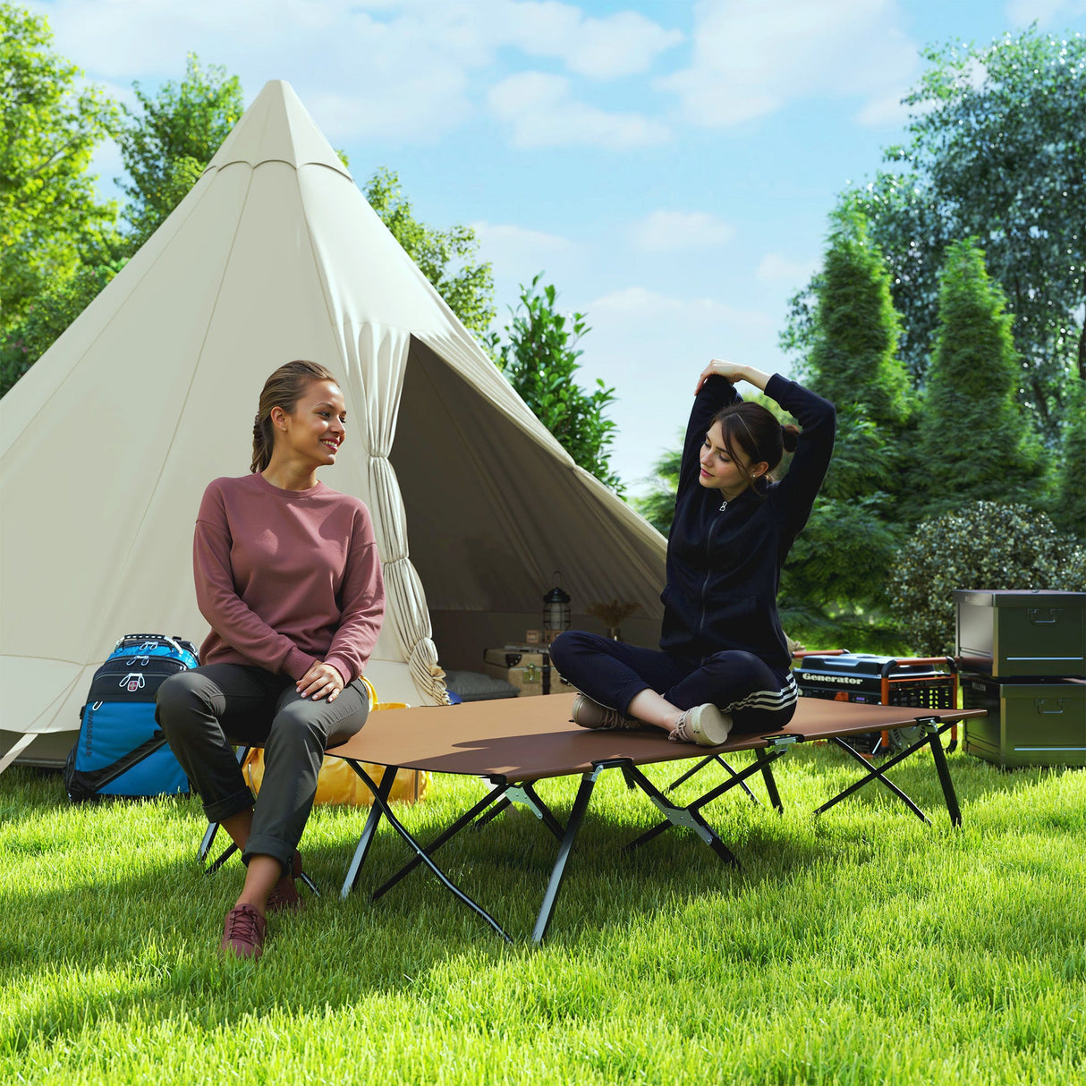 Outsunny Double Camping Cot Bed - Khaki fabric texture detail