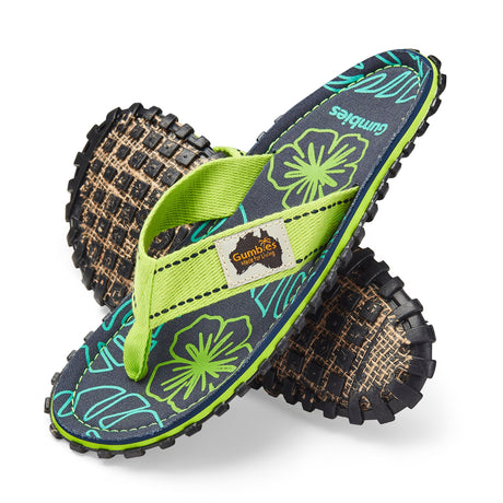 Gumbies Islander Flip-Flops - Men's Lime Hibiscus colourway front