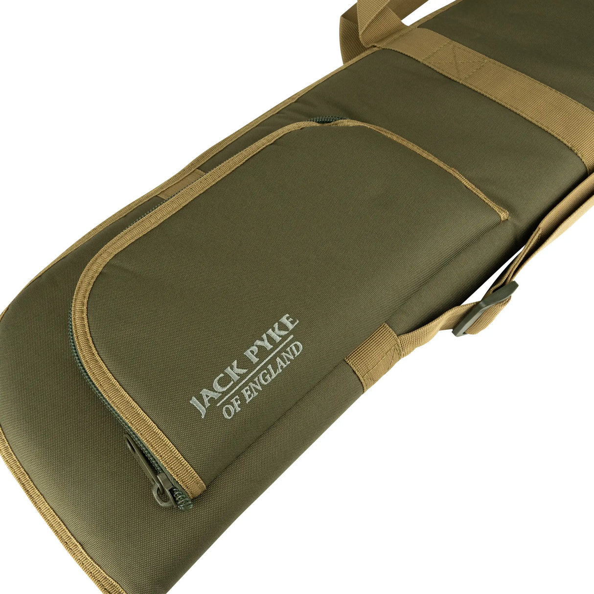 Jack Pyke Sporting Gun Slip in green close up of external pocket on white background