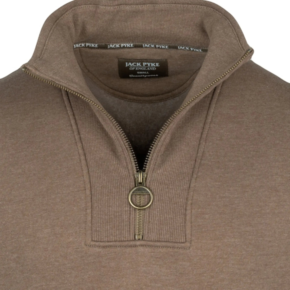 Jack Pyke Half Zip Sweatshirt in barley close up of zip with metal ring puller