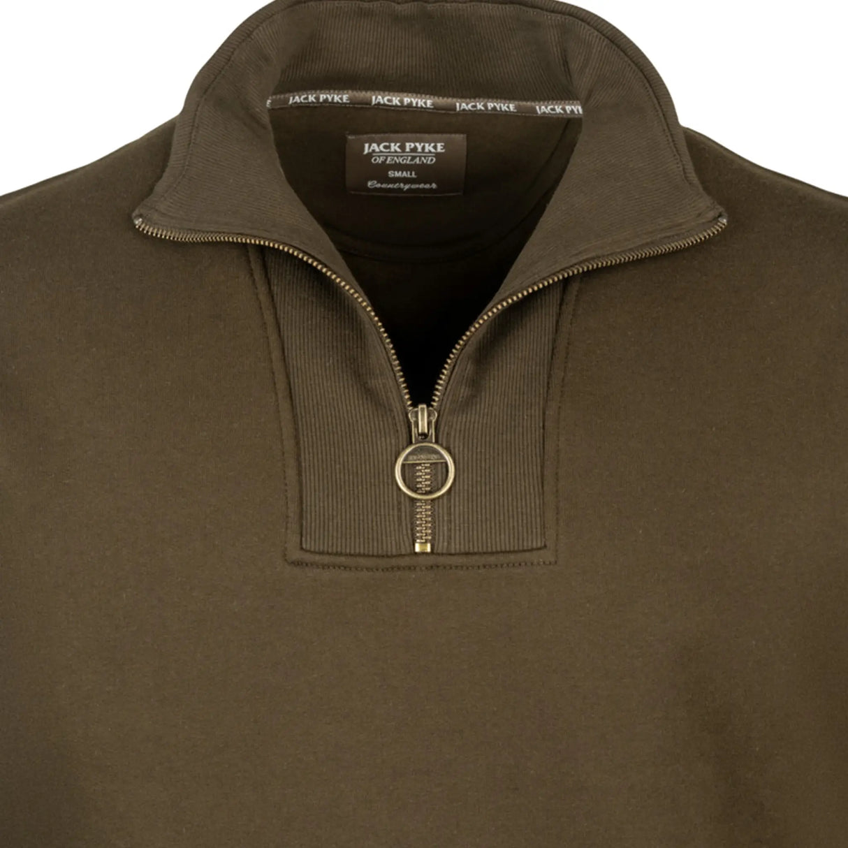 Jack Pyke Half Zip Sweatshirt in dark olive close up of zip metal ring puller