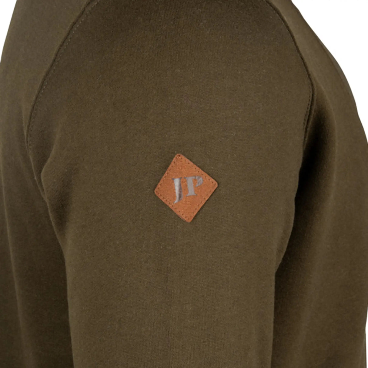Jack Pyke Half Zip Sweatshirt in dark olive close up of logo on arm
