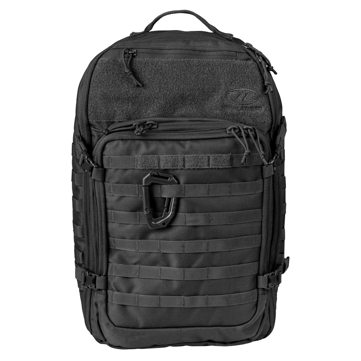 Highlander Harrier 45L MOLLE Rucksack in black from the front on white background