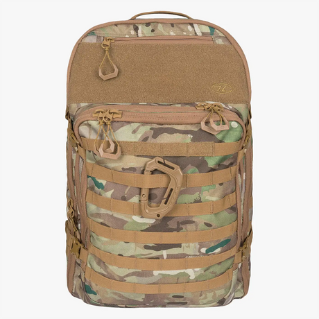 Highlander Harrier 45L MOLLE Rucksack in HMTC camo from the front on white background