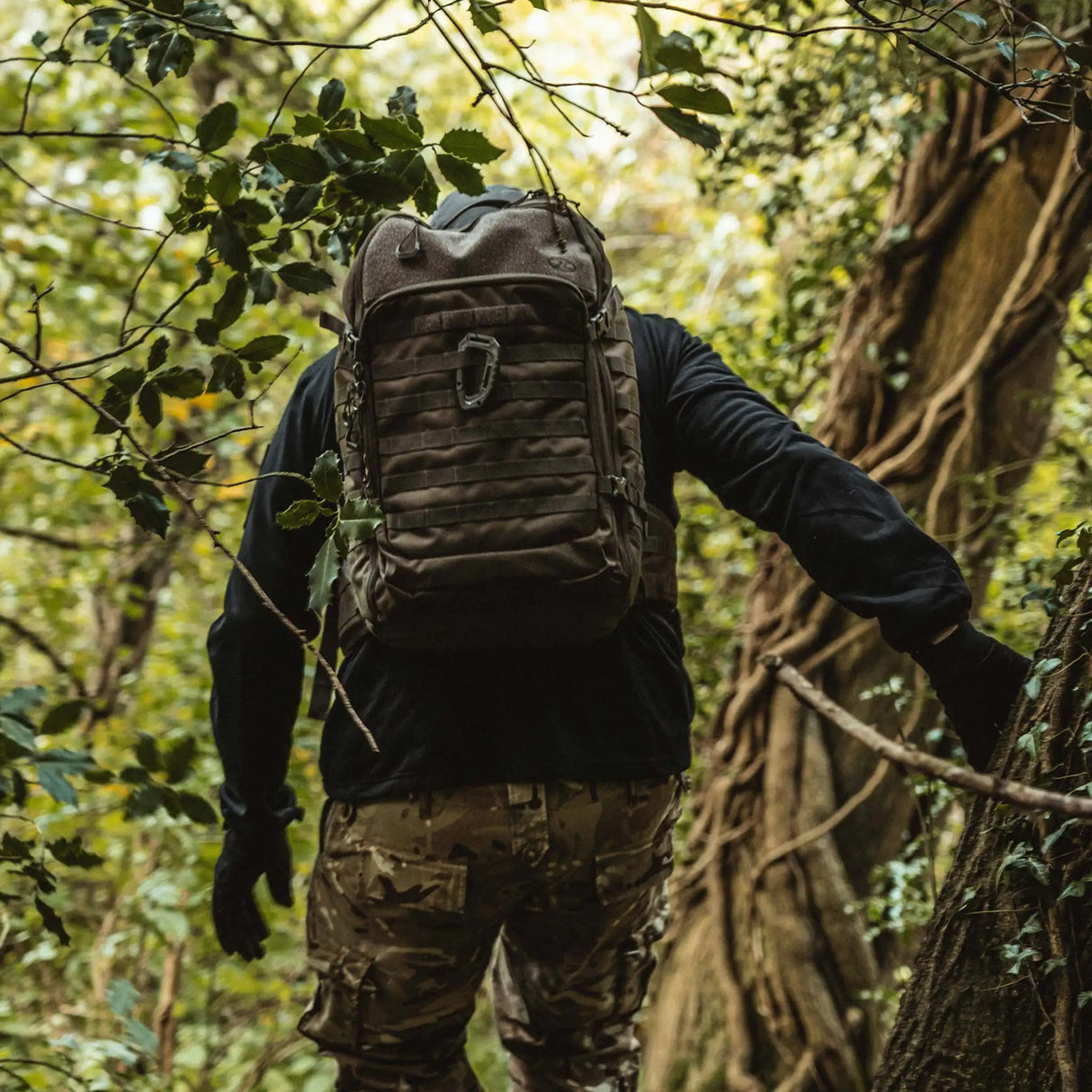 Highlander Harrier 45L MOLLE Rucksack in ranger green being worn in the outdoors