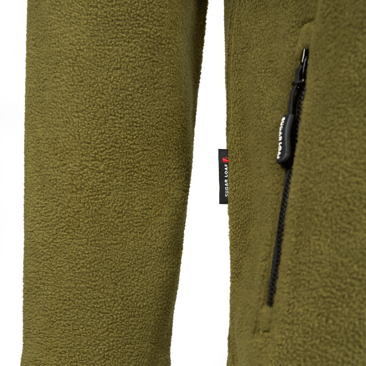 Close-up of Sugar Loaf Shepherd Polar Fleece Hoodie in Khaki with a brand label on a white background