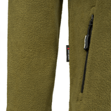 Close-up of Sugar Loaf Shepherd Polar Fleece Hoodie in Khaki with a brand label on a white background