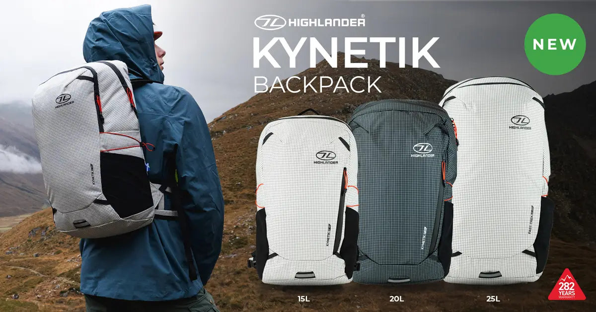 Highlander Kynetik Backpacks - 3 sizes, 2 colours - in the outdoors being used for hiking